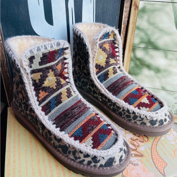Very G Shoes - Very G Multicolor Patterned Ankle Booties with Leopard Trim